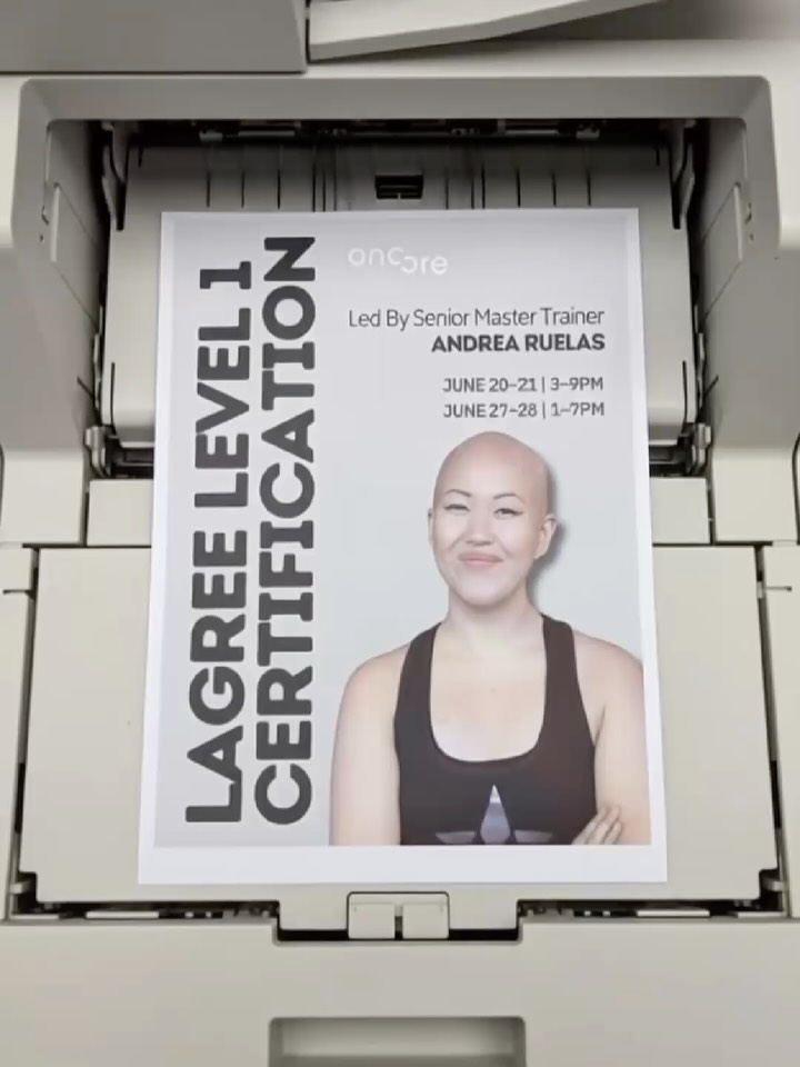 Flyer for Andrea's Lagree Level 1 certification training at ONCORE studio
